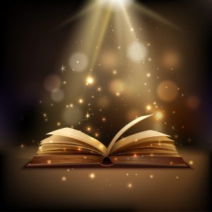 Awakening: Open book with mystic bright light on background magic poster vector illustration